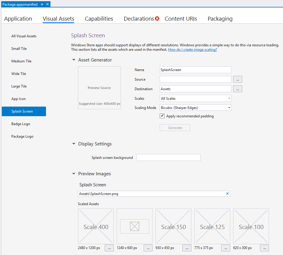 Visual Studio 2019 中“package.appxmanifest”窗口的屏幕截图