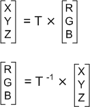 矩阵计算的屏幕截图，其中显示了 RGB 颜色值与 CIE XYZ 三重图像值之间的转换。