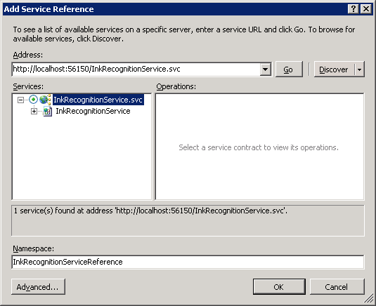 “添加服务引用”对话框，其中选择了 inkrecognitionservice 并更改了命名空间