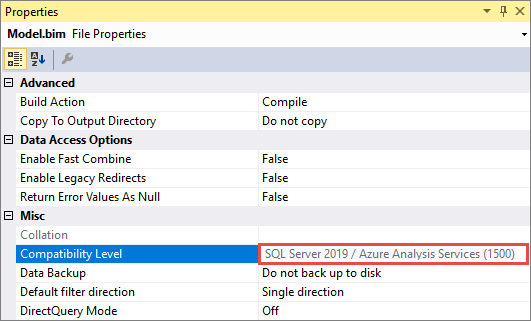 [屬性] 視窗的螢幕快照，其中已醒目提示 [兼容性層級] 選項及其 SQL Server 2019 / Azure Analysis Services （1500） 設定。