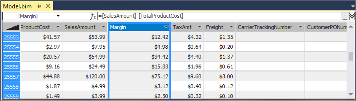 已呼叫 Margin 數據行的模型設計工具螢幕快照。