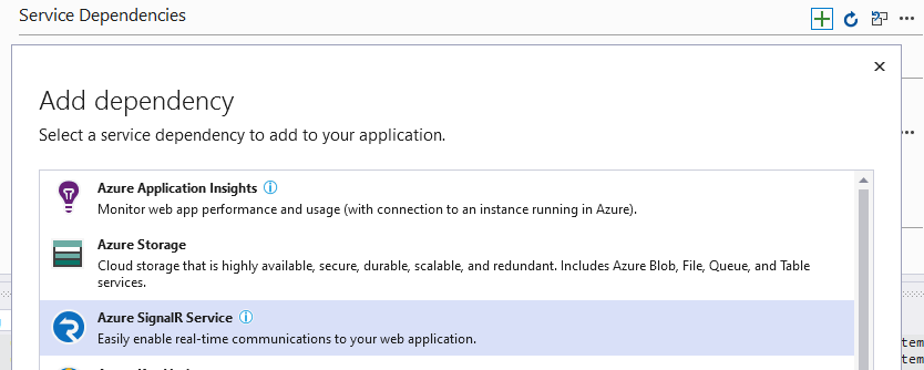 Dependencies area showing the selection of Azure SignalR Service in the Add drop-down list