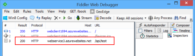 顯示 Web 要求的 Fiddler Web 偵錯程式