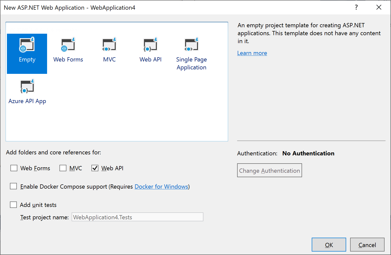 Visual Studio 中的 [新增 ASP.NET 專案] 對話方塊