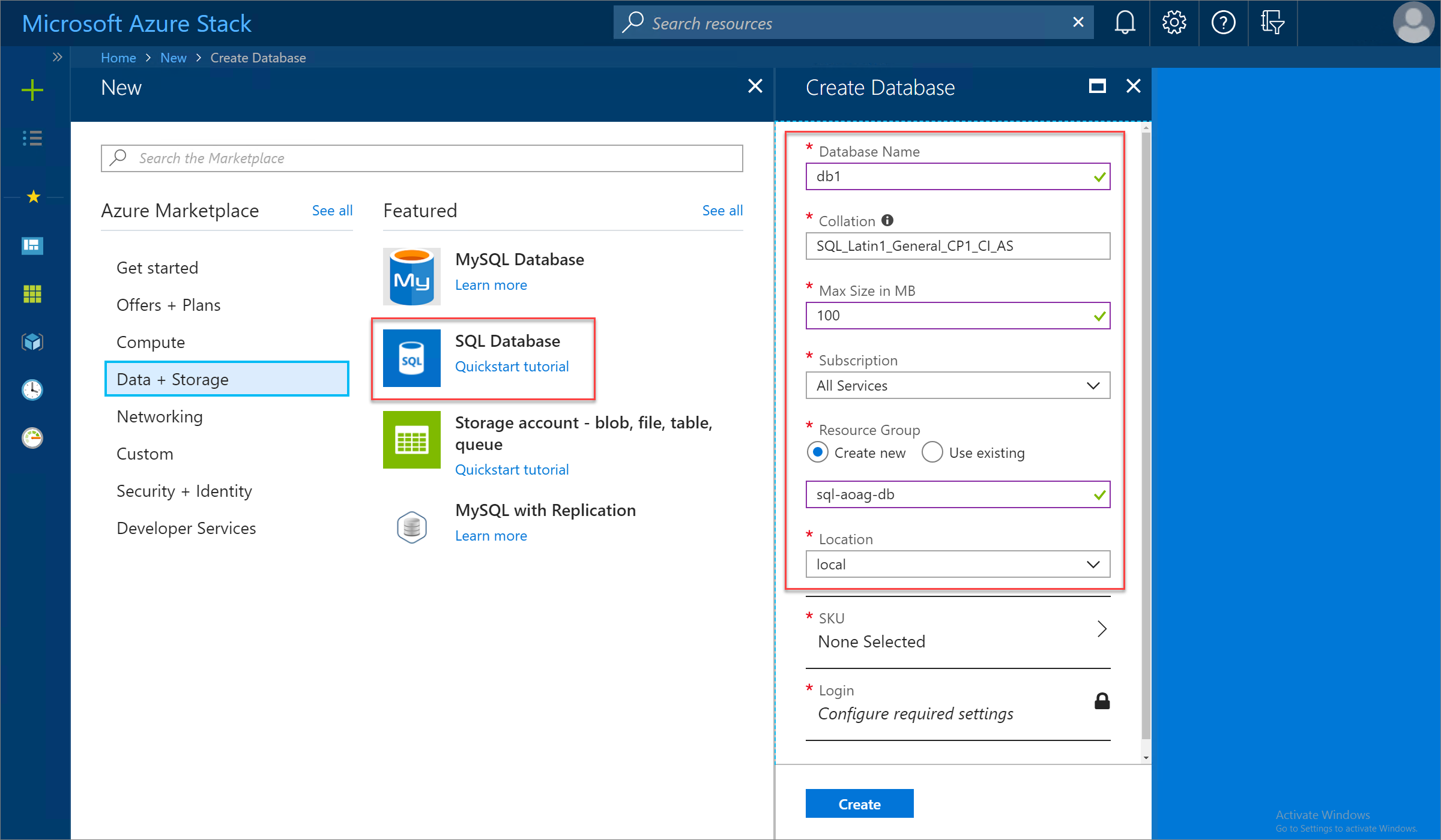 在 Azure Stack Hub 使用者入口網站中建立 SQL 資料庫