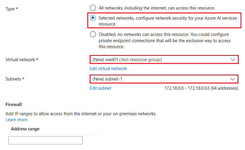 螢幕擷取畫面：顯示如何設定 Azure OpenAI 資源的網路安全性以便僅允許特定網路。