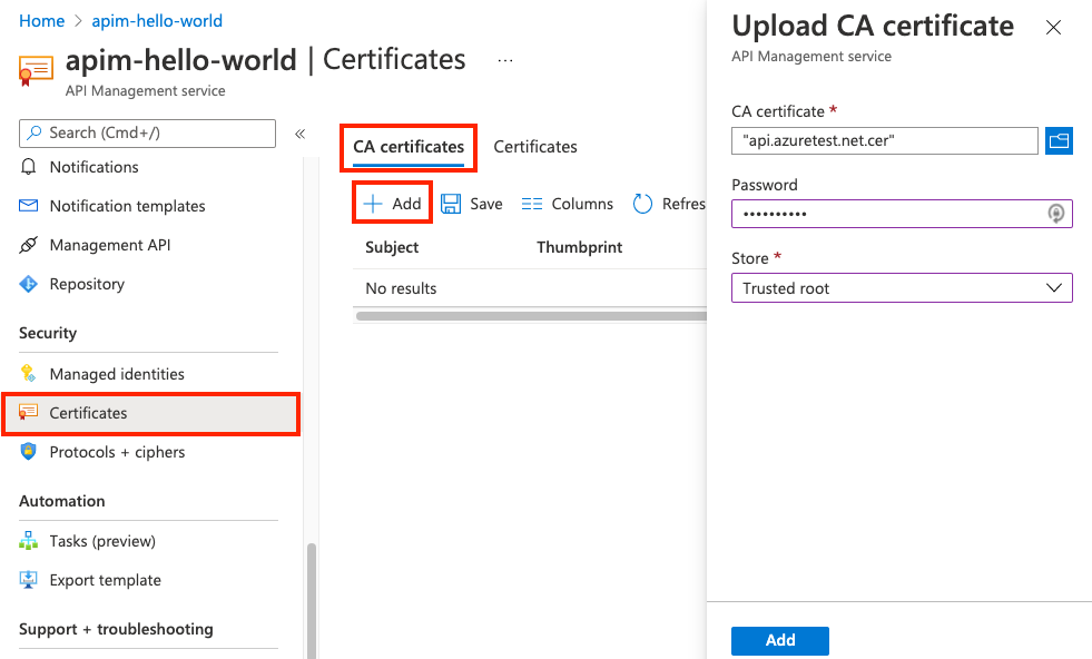 在 Azure 入口網站中新增 CA 憑證