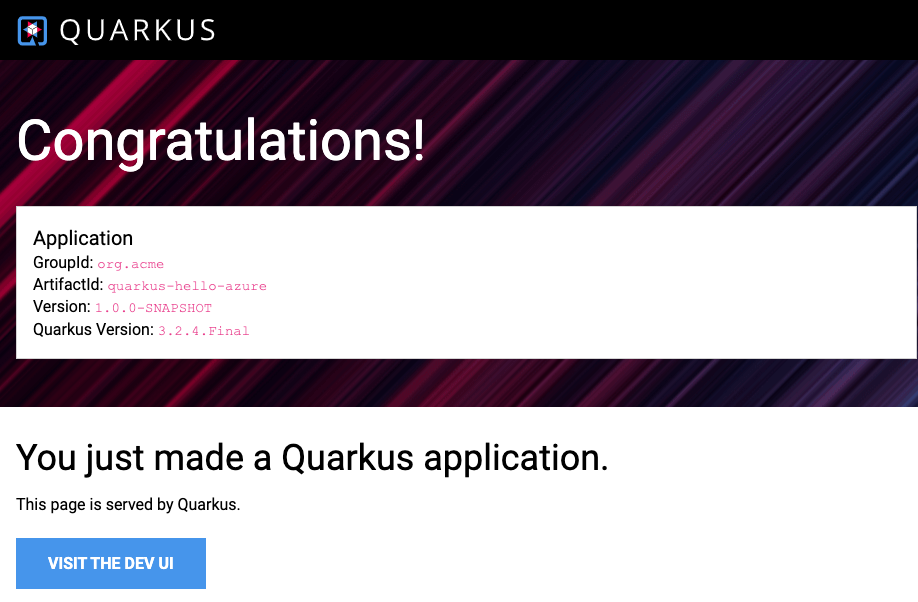 簡介中的螢幕擷取畫面顯示在 Azure App Service 中執行的 Quarkus Hello World Web 應用程式。