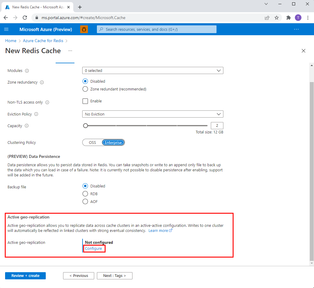 建立新 Redis 快取頁面之進階索引標籤的螢幕快照。