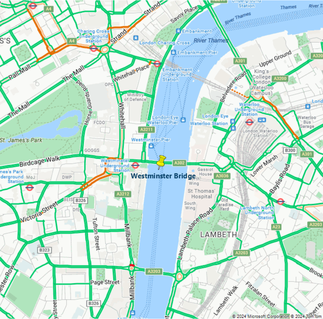 顯示交通圖層和標有 Westminster Bridge 標籤的自訂圖釘的地圖螢幕擷取畫面。