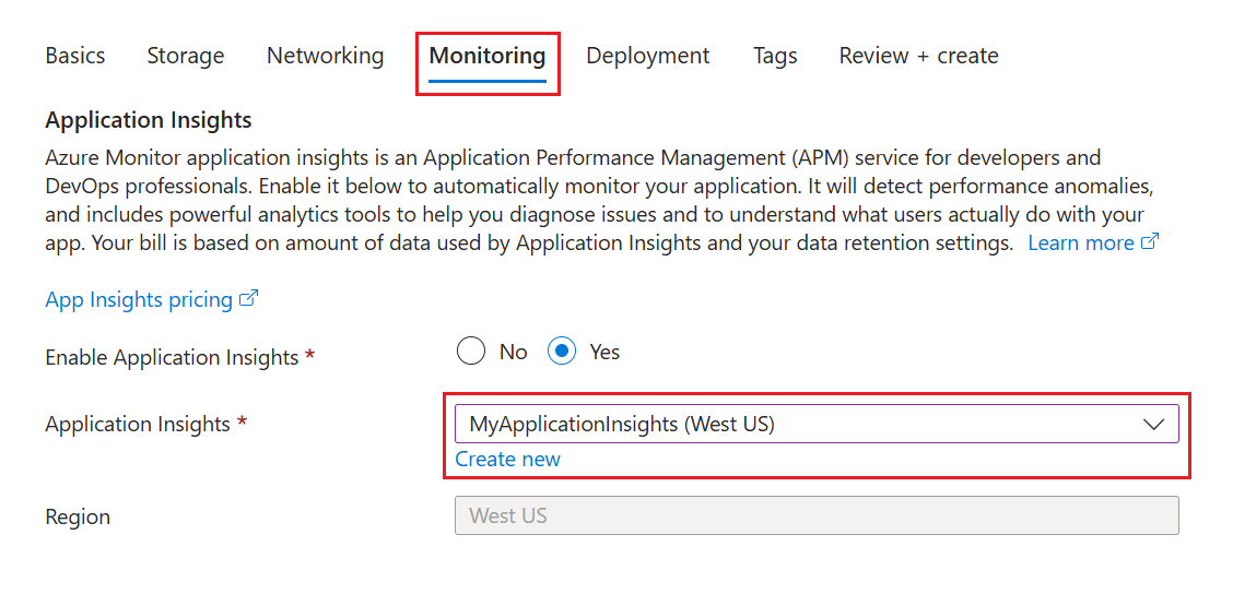 螢幕擷取畫面顯示在 [監視] 索引標籤上選取現有的 Application Insights 資源。