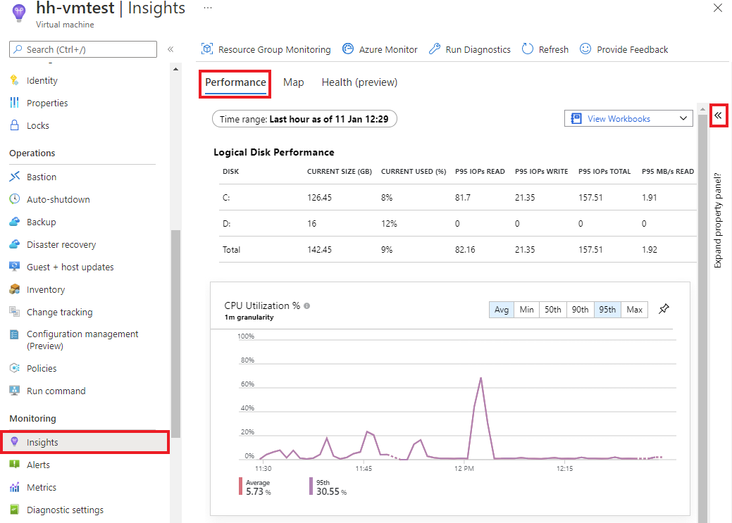 Virtual machine insights performance and property panel.