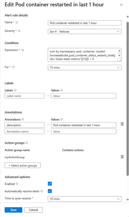 Screenshot that shows configuration of Prometheus rule group alert rule.