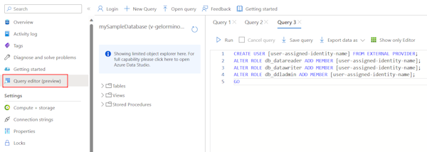 顯示如何使用 Azure 查詢編輯器為受控識別建立 SQL 使用者的螢幕擷取畫面。