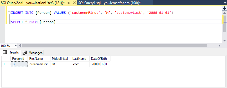 SQL Server Management Studio (SSMS) 的螢幕擷取畫面，顯示簡單 INSERT 和 SELECT 陳述式。SELECT 陳述式顯示 LastName 資料行中的遮罩資料。