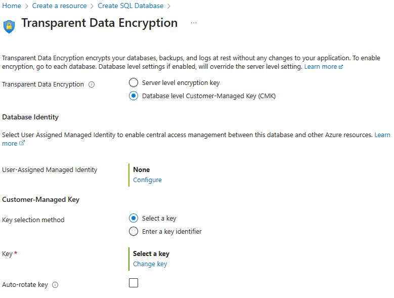 在 Azure SQL 中設定資料庫 TDE 的螢幕擷取畫面。