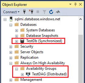 顯示 SQL 受控執行個體資料庫和分散式可用性群組狀態的螢幕擷取畫面。