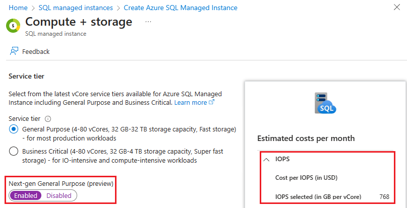 當您在 Azure 入口網站中設定受控的新 Azure SQL 時，[計算 + 儲存器] 頁面的螢幕擷取畫面。