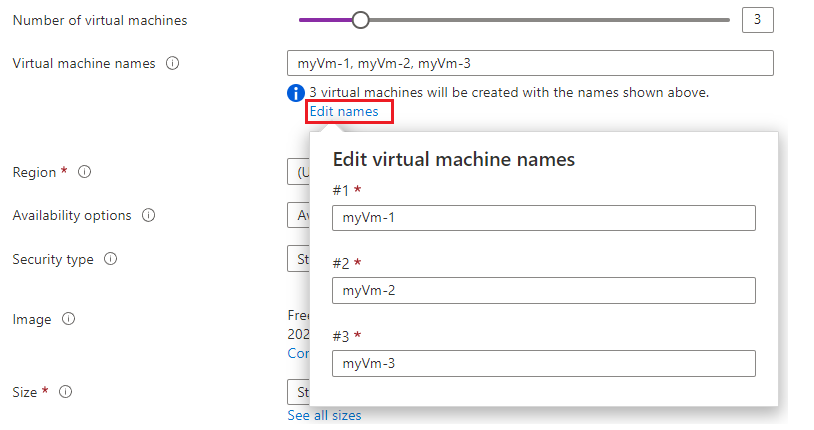 Azure 入口網站的螢幕擷取畫面：顯示用於選取虛擬機器數目的滑桿，以及編輯名稱的選項。