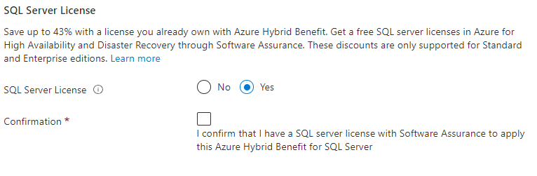 Azure 入口網站的螢幕擷取畫面：顯示 SQL Server 授權和 Azure Hybrid Benefit 的相關資訊。