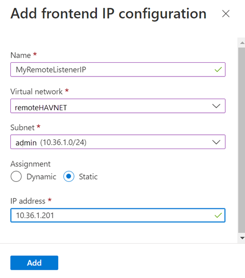 Azure 入口網站的螢幕擷取畫面，其中顯示前端 IP 設定的對話方塊。