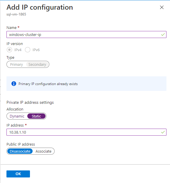 輸入第一個 SQL Server VM 子網路中已使用的 IP 位址，以新增叢集 IP