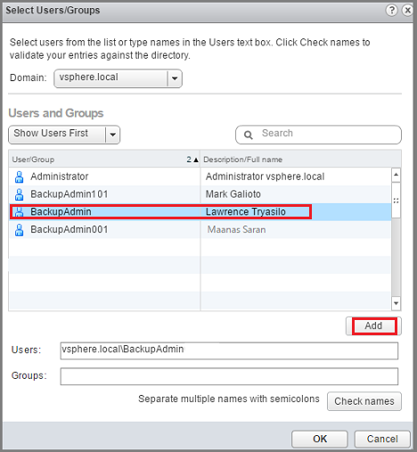 Screenshot shows how to add the BackupAdmin user.