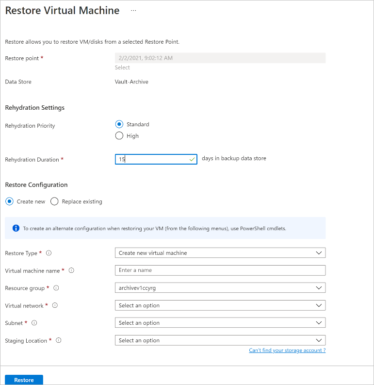 Screenshot showing the process to restore recovery points in the portal.