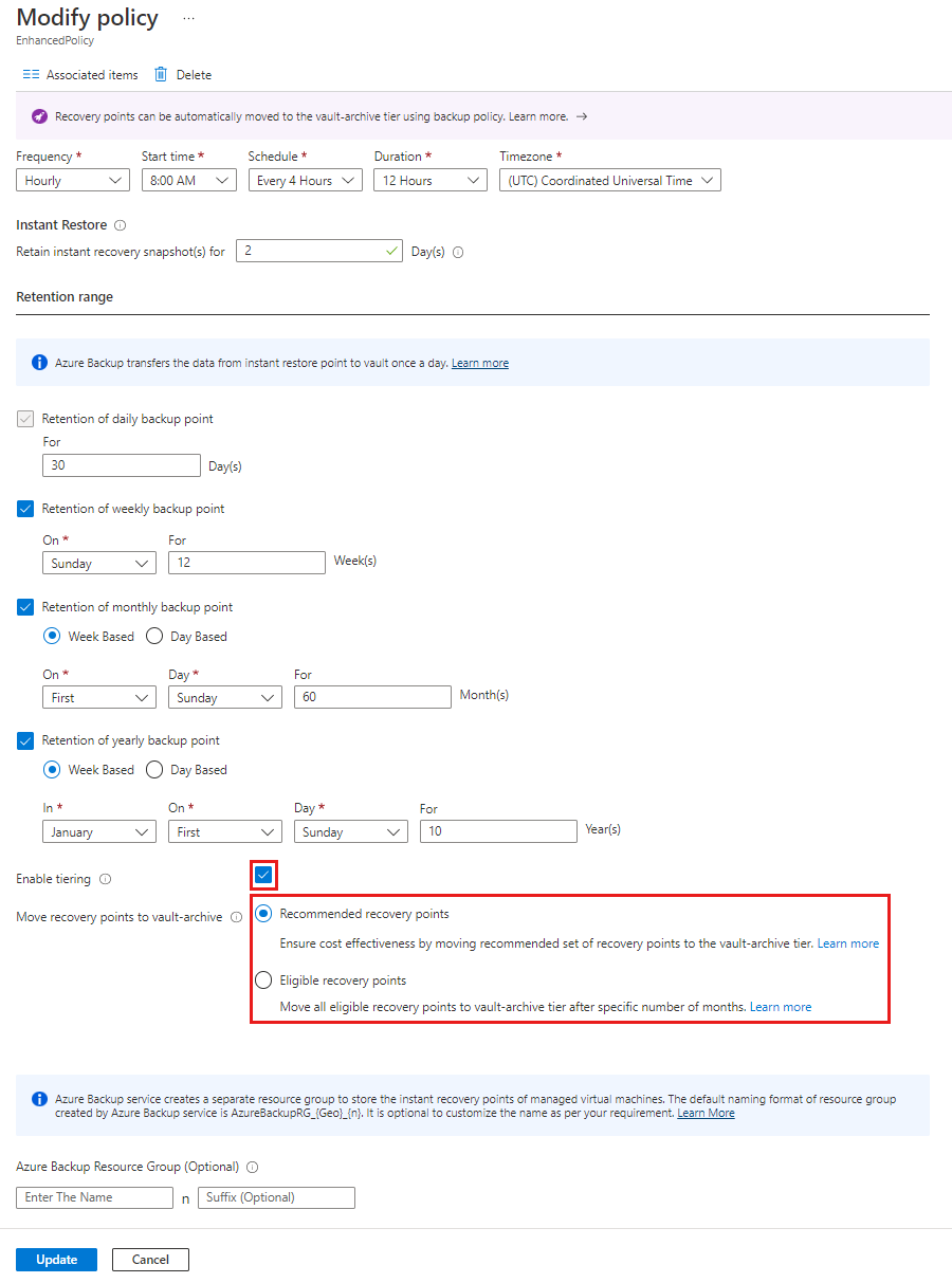 Screenshot showing to select the Eligible recovery points option.