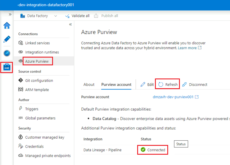 此螢幕快照顯示已連線數據歷程管線的 Azure Data Factory Purview 帳戶窗格。