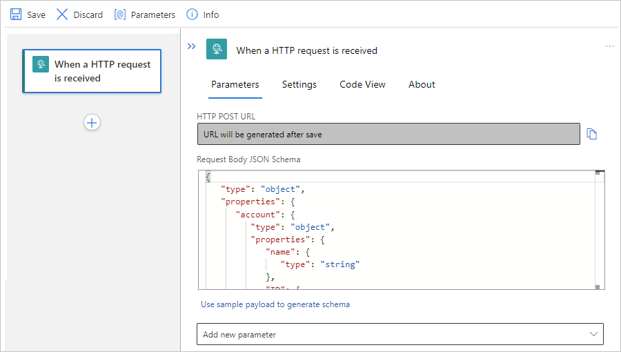 顯示標準工作流程以及含範例 JSON 結構描述的要求觸發程序的螢幕擷取畫面。