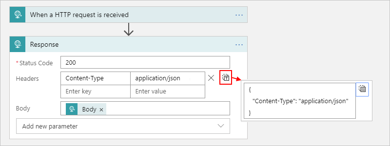 螢幕擷取畫面：顯示 Azure 入口網站、取用工作流程，以及 [切換至文字] 檢視中的回應動作標頭。