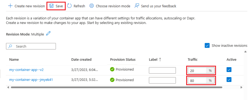 Screenshot of traffic splitting in Revision management.