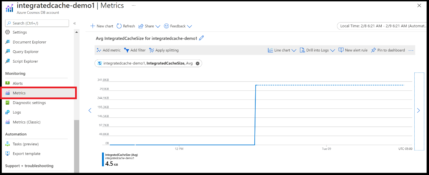 顯示 Azure 入口網站整合式快取計量位置的螢幕擷取畫面。