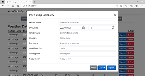 應用程式的螢幕快照，其中顯示用來使用 TableEntity 物件插入數據的對話方塊。