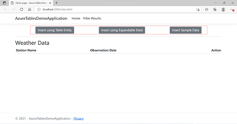 應用程式的螢幕快照，其中顯示用來使用數據表 API 將資料插入 Azure Cosmos DB 的按鈕位置。