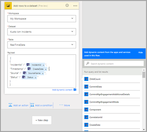 Power BI 動作的螢幕擷取畫面，其中顯示動作欄位。