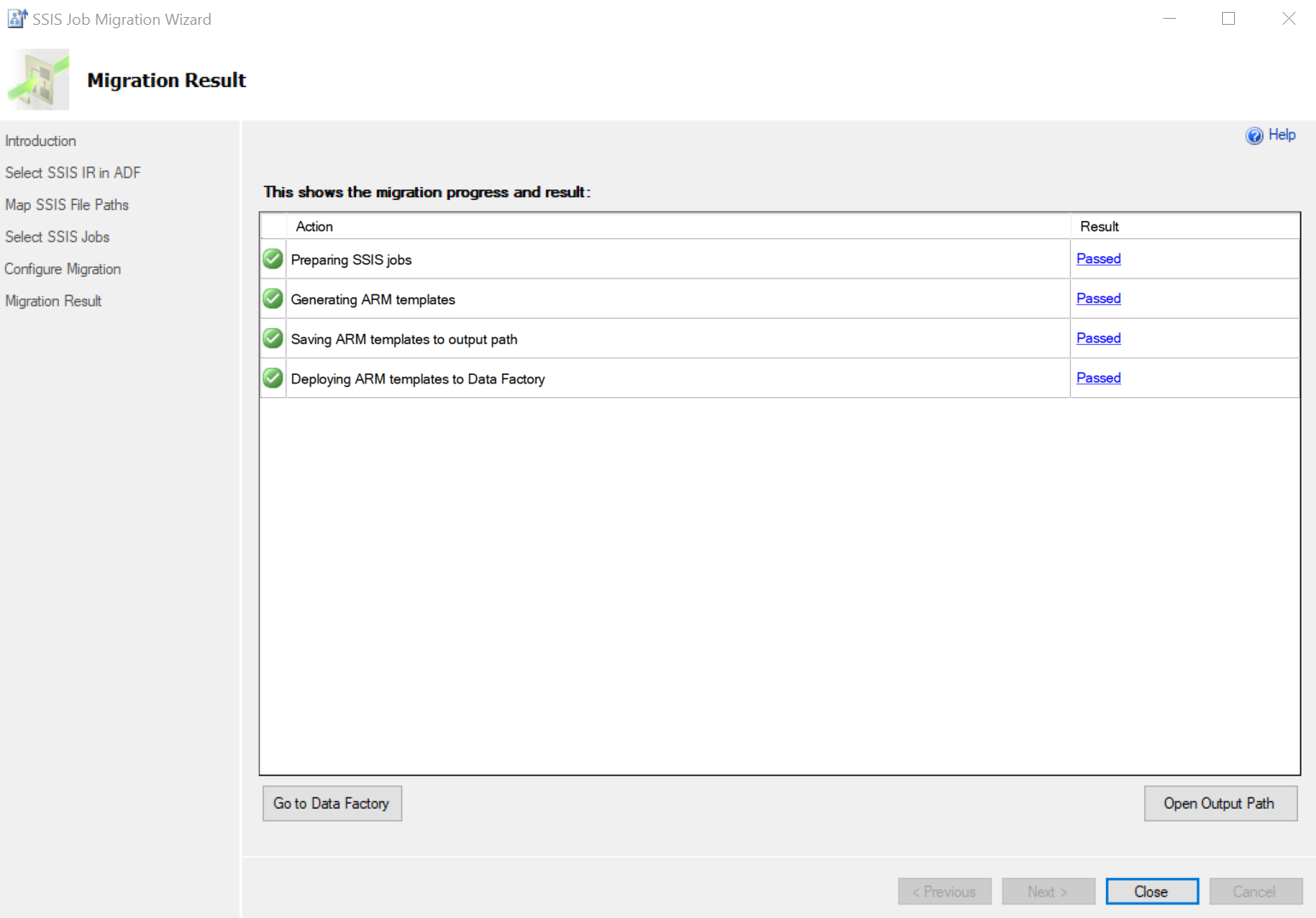 Screenshot shows the Migration Result page, which displays the progress of the migration.