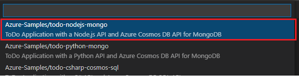 Screenshot of selecting the todo-nodejs-mongo sample template.