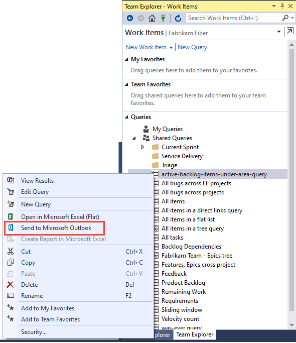 Team Explorer 的螢幕快照，選擇 [傳送至Microsoft Outlook 查詢選項]。