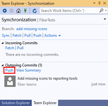 Visual Studio 2019 中 Team Explorer 同步檢視中 [推送] 鏈接的螢幕快照。