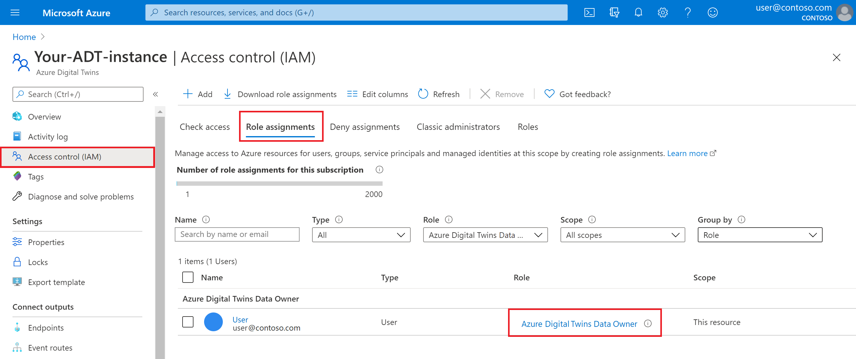 Azure 入口網站中 Azure Digital Twins 執行個體的角色指派螢幕擷取畫面。