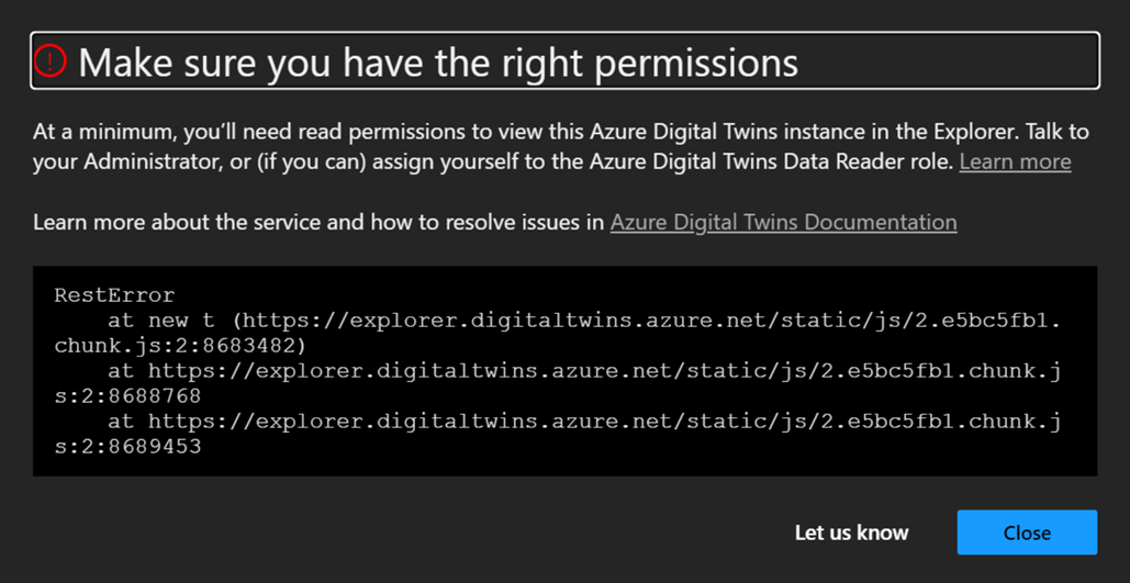 螢幕擷取畫面顯示 Azure Digital Twins Explorer 中的錯誤訊息，標題為 [請確定您有適當權限]。