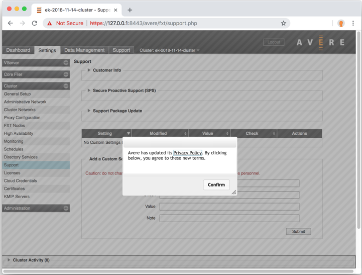 Screenshot showing Control Panel and pop-up window with Confirm button to accept the privacy policy