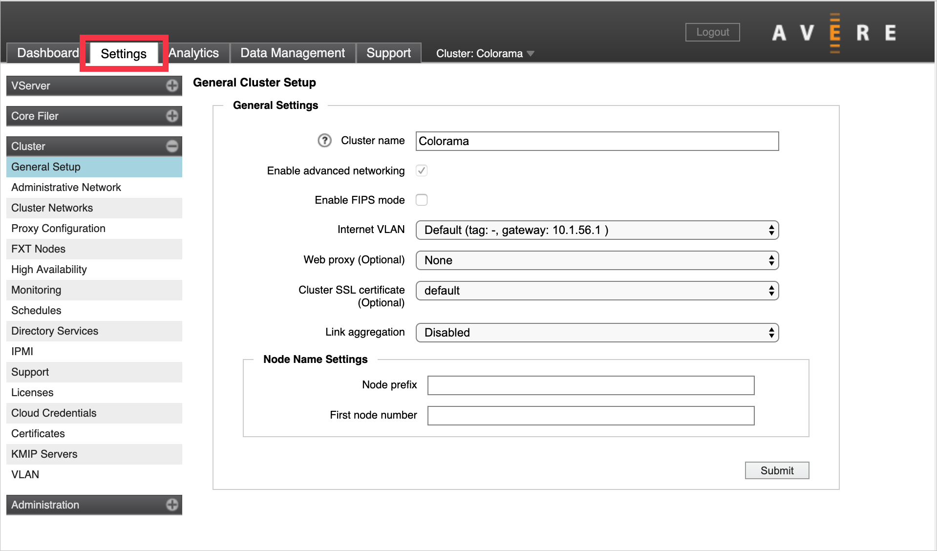 Settings tab of control panel (in browser) with the Cluster > General Setup page loaded