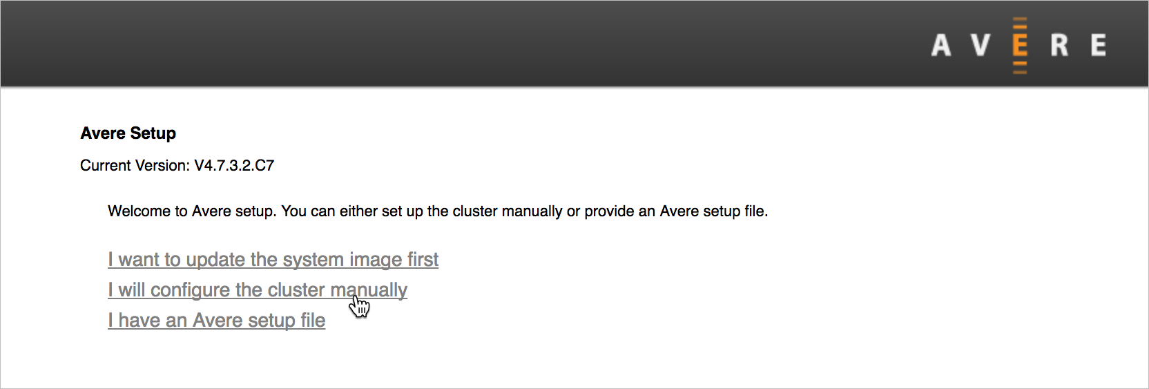 Initial setup screen for an unconfigured node in the browser-based GUI control panel. It shows options to update software, configure a cluster manually, or configure a cluster from a setup file.