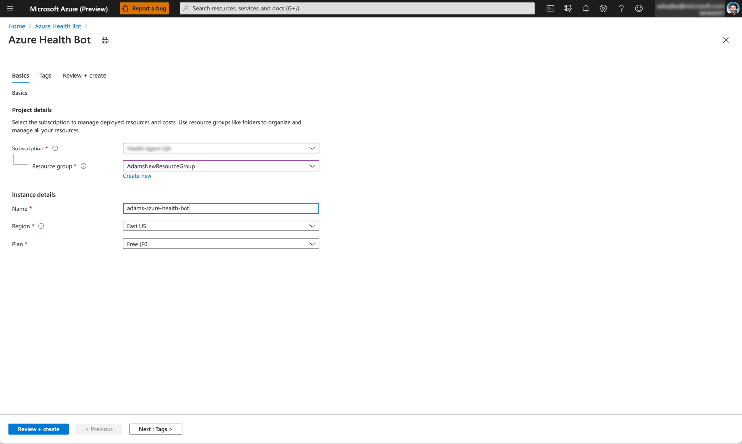 A screenshot of Azure Creating a new Azure Health Bot instance