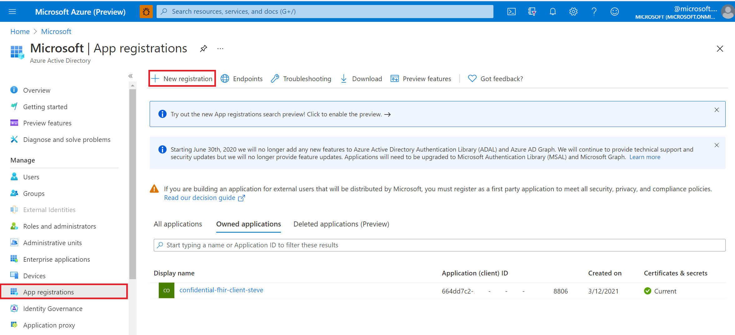 Azure portal. New App Registration.