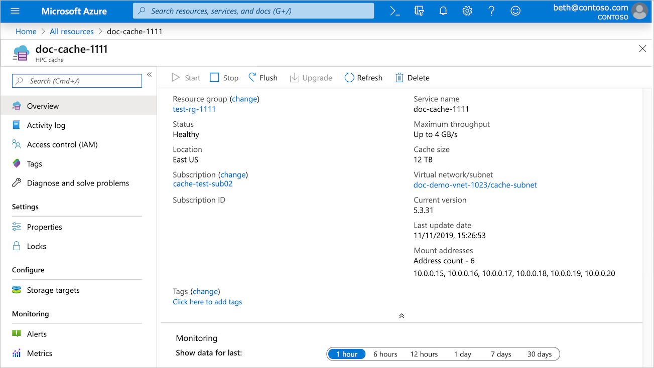 Azure 入口網站 中的 Azure HPC Cache 實例螢幕快照