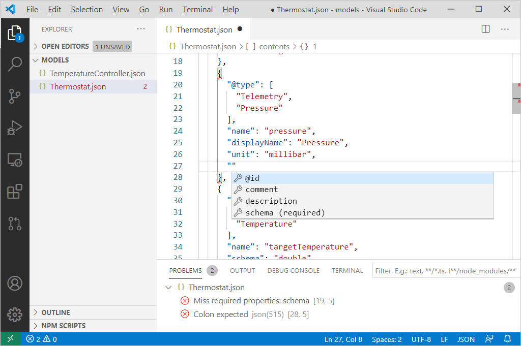 顯示 VS Code 中 DTDL 模型的 Intellisense 螢幕快照。